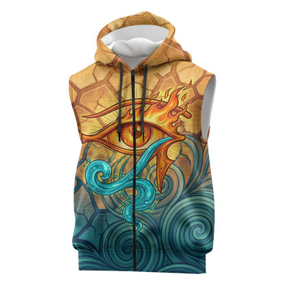 Egyptian Tefnut Fiery Eye Sleeveless Zip Hoodie with Roaring Lion in Desert and Water Element