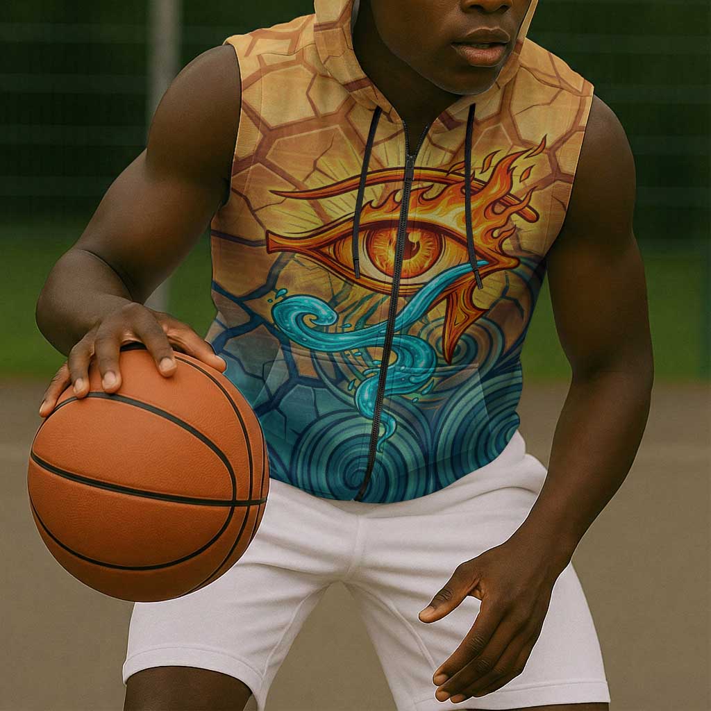 Egyptian Tefnut Fiery Eye Sleeveless Zip Hoodie with Roaring Lion in Desert and Water Element