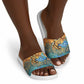 Egyptian Tefnut Fiery Eye Slide Sandals with Roaring Lion in Desert and Water Element