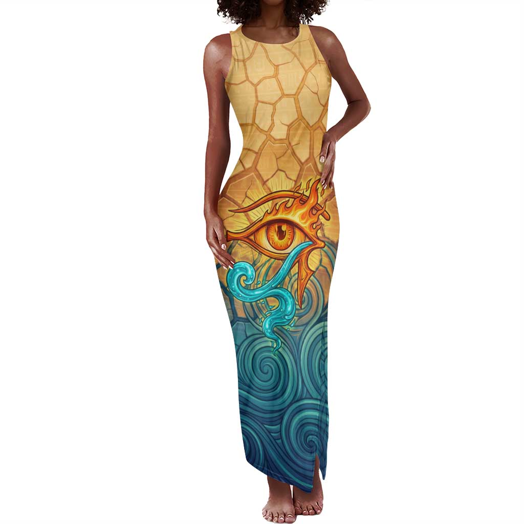 Egyptian Tefnut Fiery Eye Tank Maxi Dress with Roaring Lion in Desert and Water Element
