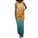 Egyptian Tefnut Fiery Eye Tank Maxi Dress with Roaring Lion in Desert and Water Element