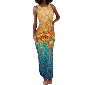 Egyptian Tefnut Fiery Eye Tank Maxi Dress with Roaring Lion in Desert and Water Element