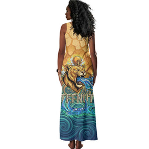 Egyptian Tefnut Fiery Eye Tank Maxi Dress with Roaring Lion in Desert and Water Element