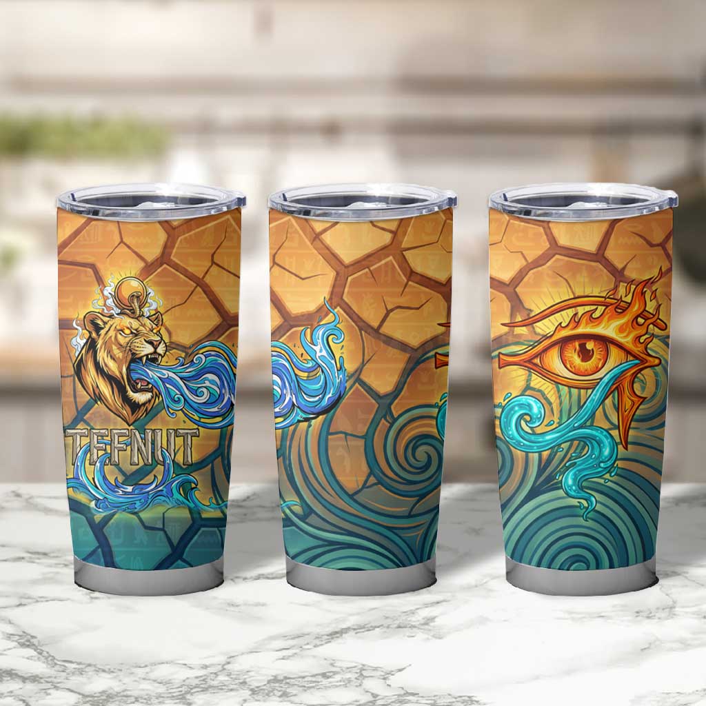 Egyptian Tefnut Fiery Eye Tumbler Cup with Roaring Lion in Desert and Water Element