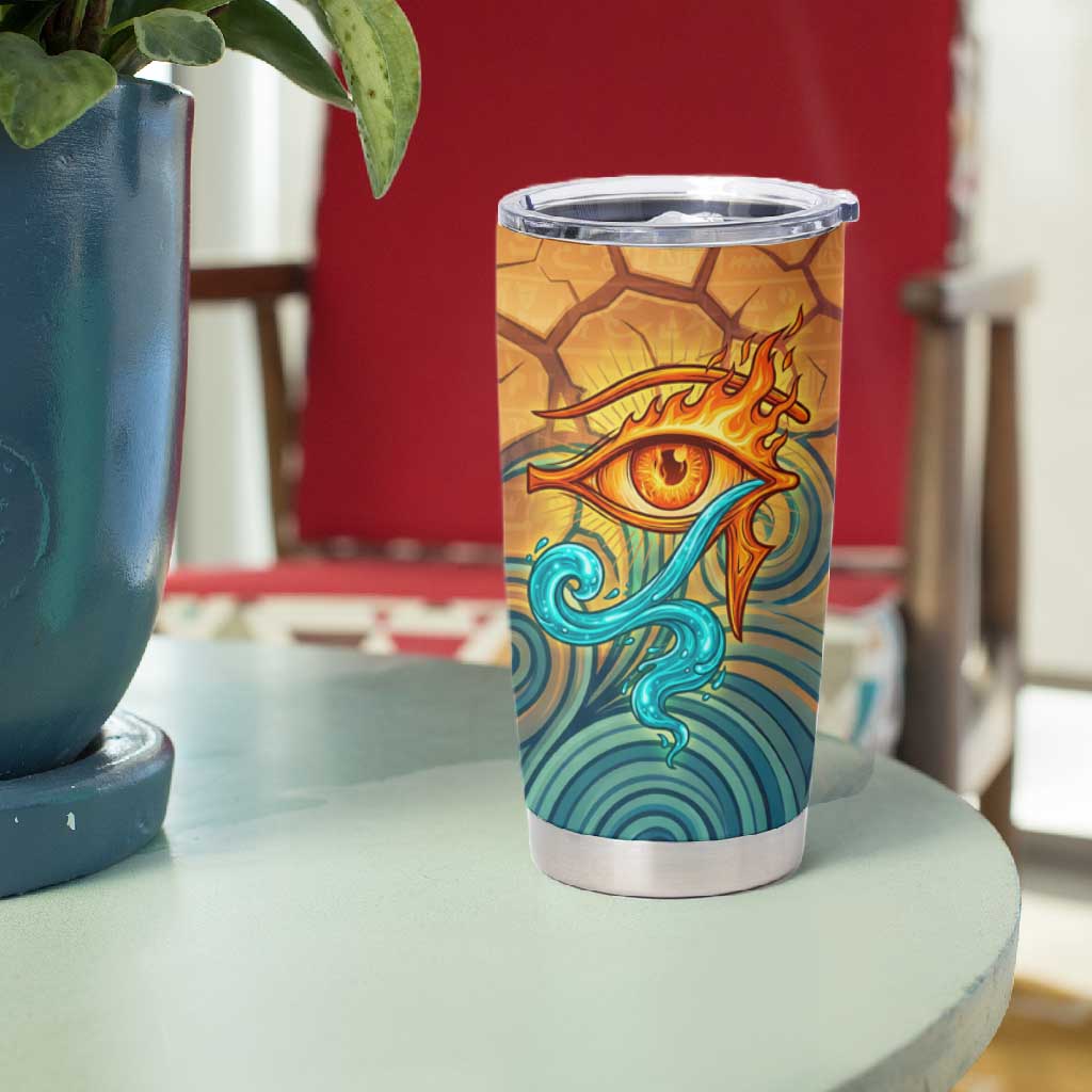 Egyptian Tefnut Fiery Eye Tumbler Cup with Roaring Lion in Desert and Water Element