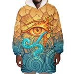 Egyptian Tefnut Fiery Eye Wearable Blanket Hoodie with Roaring Lion in Desert and Water Element