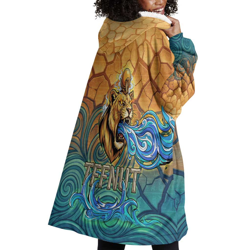 Egyptian Tefnut Fiery Eye Wearable Blanket Hoodie with Roaring Lion in Desert and Water Element