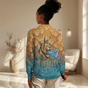Egyptian Tefnut Fiery Eye Women Casual Shirt with Roaring Lion in Desert and Water Element