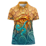Egyptian Tefnut Fiery Eye Women Polo Shirt with Roaring Lion in Desert and Water Element