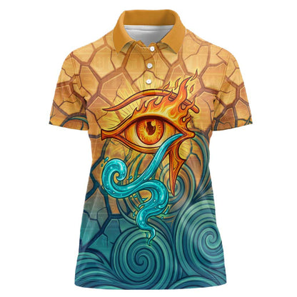 Egyptian Tefnut Fiery Eye Women Polo Shirt with Roaring Lion in Desert and Water Element