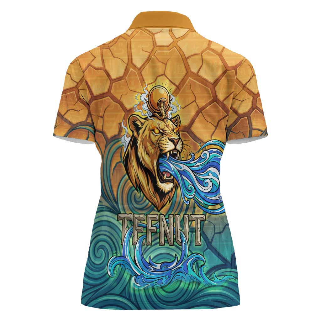Egyptian Tefnut Fiery Eye Women Polo Shirt with Roaring Lion in Desert and Water Element