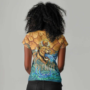 Egyptian Tefnut Fiery Eye Women V-Neck T-Shirt with Roaring Lion in Desert and Water Element