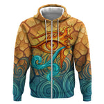 Egyptian Tefnut Fiery Eye Zip Hoodie with Roaring Lion in Desert and Water Element