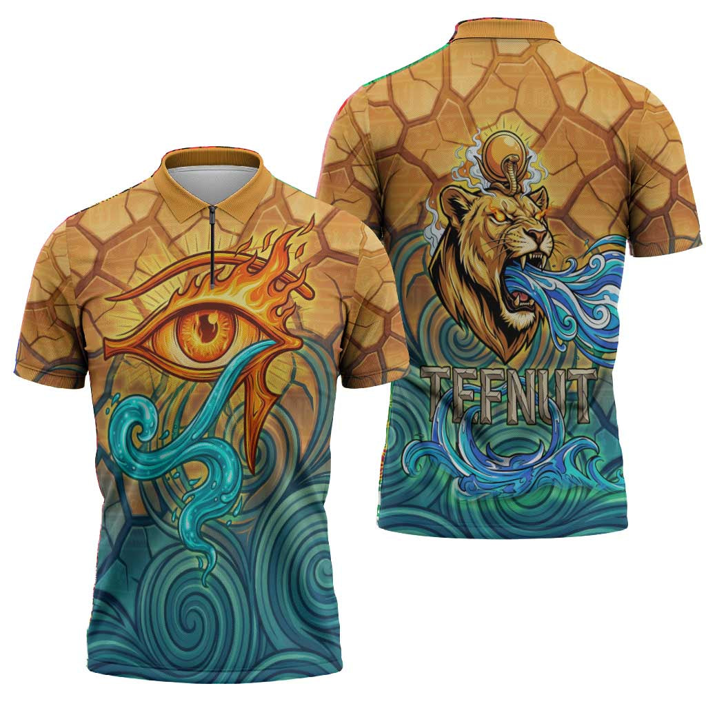 Egyptian Tefnut Fiery Eye Zipper Polo Shirt with Roaring Lion in Desert and Water Element