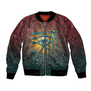 Egyptian Wadjet Winged Cobra Bomber Jacket with Eye of Horus in Fiery Royal Protector Theme