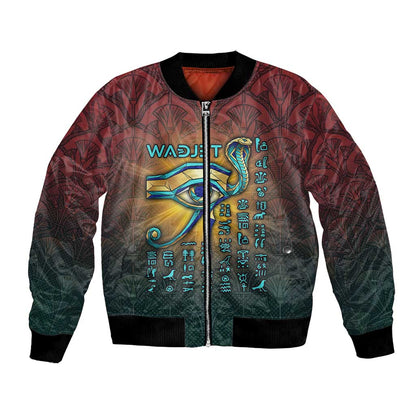 Egyptian Wadjet Winged Cobra Bomber Jacket with Eye of Horus in Fiery Royal Protector Theme