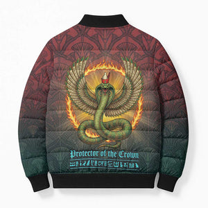 Egyptian Wadjet Winged Cobra Bomber Puffer Jacket with Eye of Horus in Fiery Royal Protector Theme