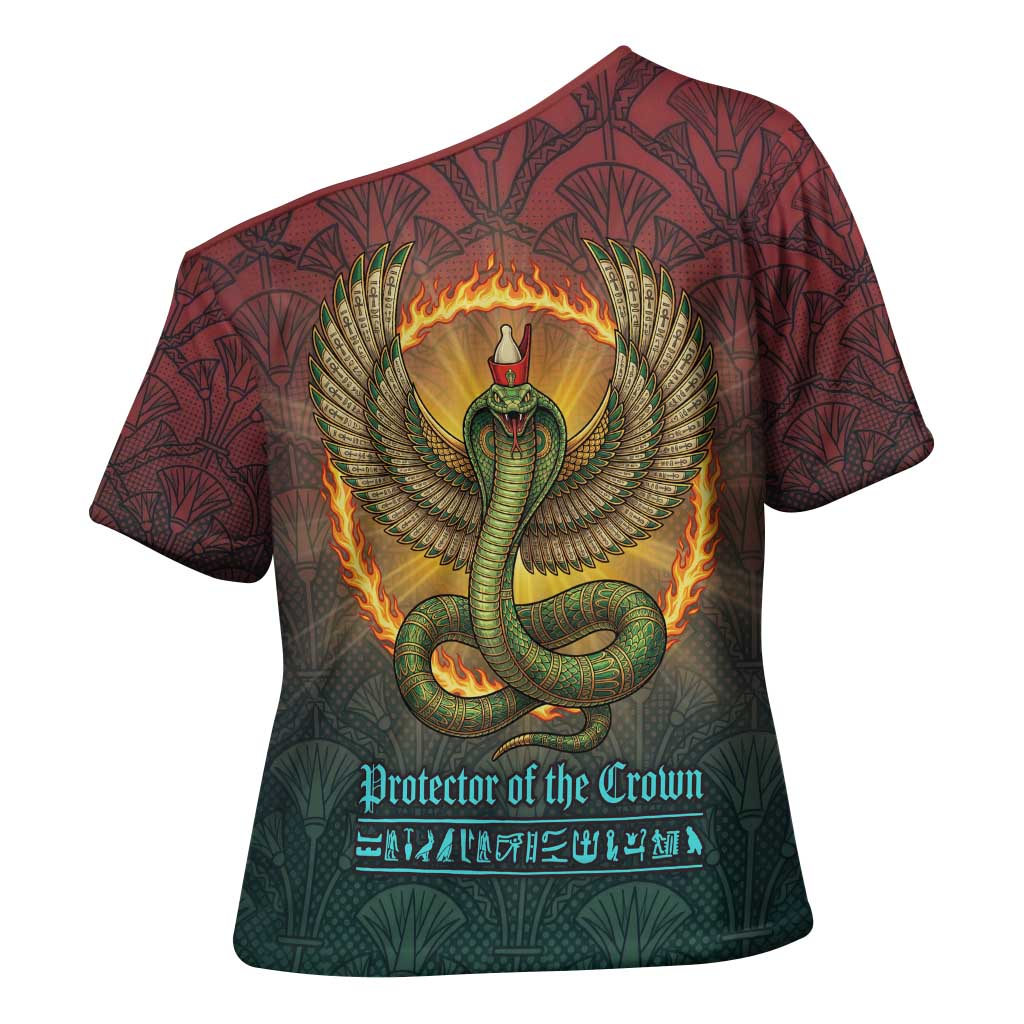 Egyptian Wadjet Winged Cobra Cross Shoulder Shirt with Eye of Horus in Fiery Royal Protector Theme