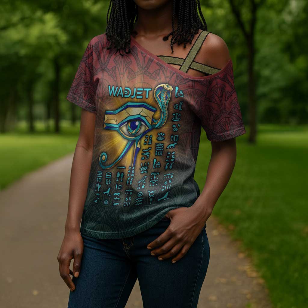 Egyptian Wadjet Winged Cobra Cross Shoulder Shirt with Eye of Horus in Fiery Royal Protector Theme