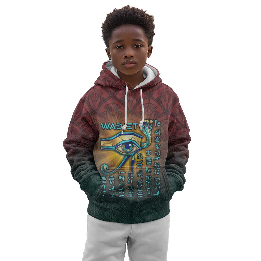 Egyptian Wadjet Winged Cobra Kid Hoodie with Eye of Horus in Fiery Royal Protector Theme