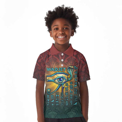 Egyptian Wadjet Winged Cobra Kid Polo Shirt with Eye of Horus in Fiery Royal Protector Theme