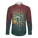 Egyptian Wadjet Winged Cobra Long Sleeve Button Shirt with Eye of Horus in Fiery Royal Protector Theme