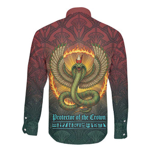 Egyptian Wadjet Winged Cobra Long Sleeve Button Shirt with Eye of Horus in Fiery Royal Protector Theme