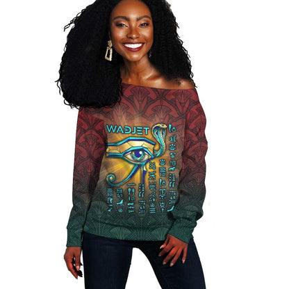 Egyptian Wadjet Winged Cobra Off Shoulder Sweater with Eye of Horus in Fiery Royal Protector Theme