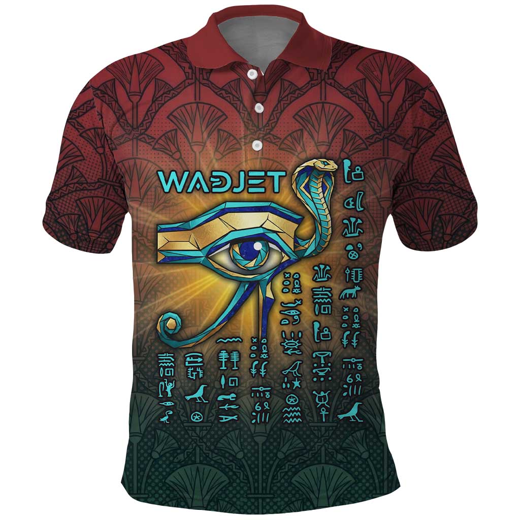 Egyptian Wadjet Winged Cobra Polo Shirt with Eye of Horus in Fiery Royal Protector Theme