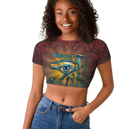 Egyptian Wadjet Winged Cobra Raglan Cropped T shirt with Eye of Horus in Fiery Royal Protector Theme