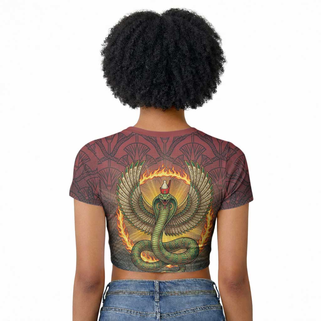 Egyptian Wadjet Winged Cobra Raglan Cropped T shirt with Eye of Horus in Fiery Royal Protector Theme