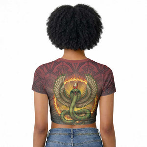 Egyptian Wadjet Winged Cobra Raglan Cropped T shirt with Eye of Horus in Fiery Royal Protector Theme