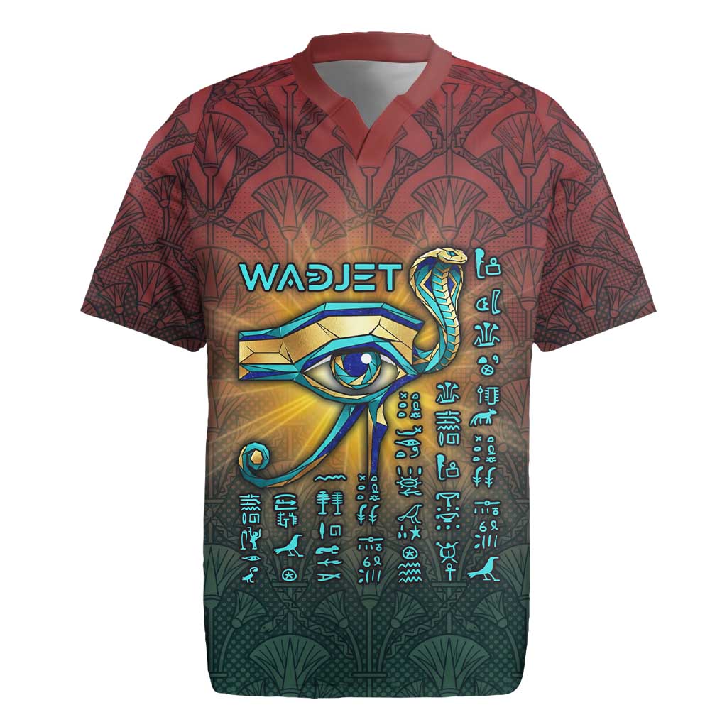 Egyptian Wadjet Winged Cobra Rugby Jersey with Eye of Horus in Fiery Royal Protector Theme