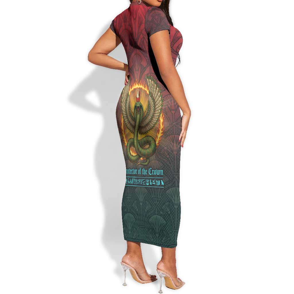 Egyptian Wadjet Winged Cobra Short Sleeve Bodycon Dress with Eye of Horus in Fiery Royal Protector Theme