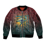 Egyptian Wadjet Winged Cobra Sleeve Zip Bomber Jacket with Eye of Horus in Fiery Royal Protector Theme