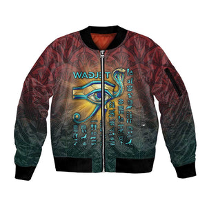 Egyptian Wadjet Winged Cobra Sleeve Zip Bomber Jacket with Eye of Horus in Fiery Royal Protector Theme