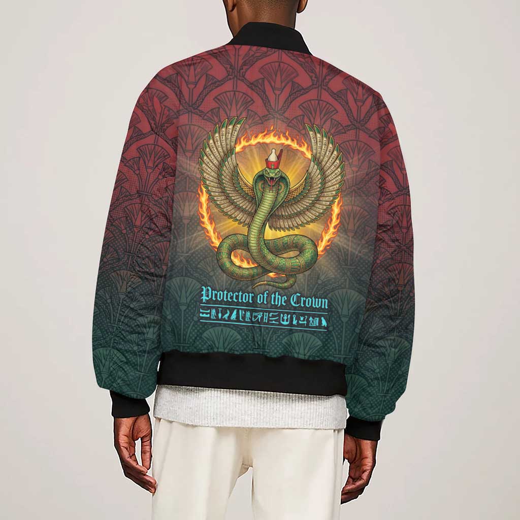 Egyptian Wadjet Winged Cobra Sleeve Zip Bomber Jacket with Eye of Horus in Fiery Royal Protector Theme
