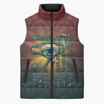 Egyptian Wadjet Winged Cobra Sleeveless Puffer Jacket with Eye of Horus in Fiery Royal Protector Theme