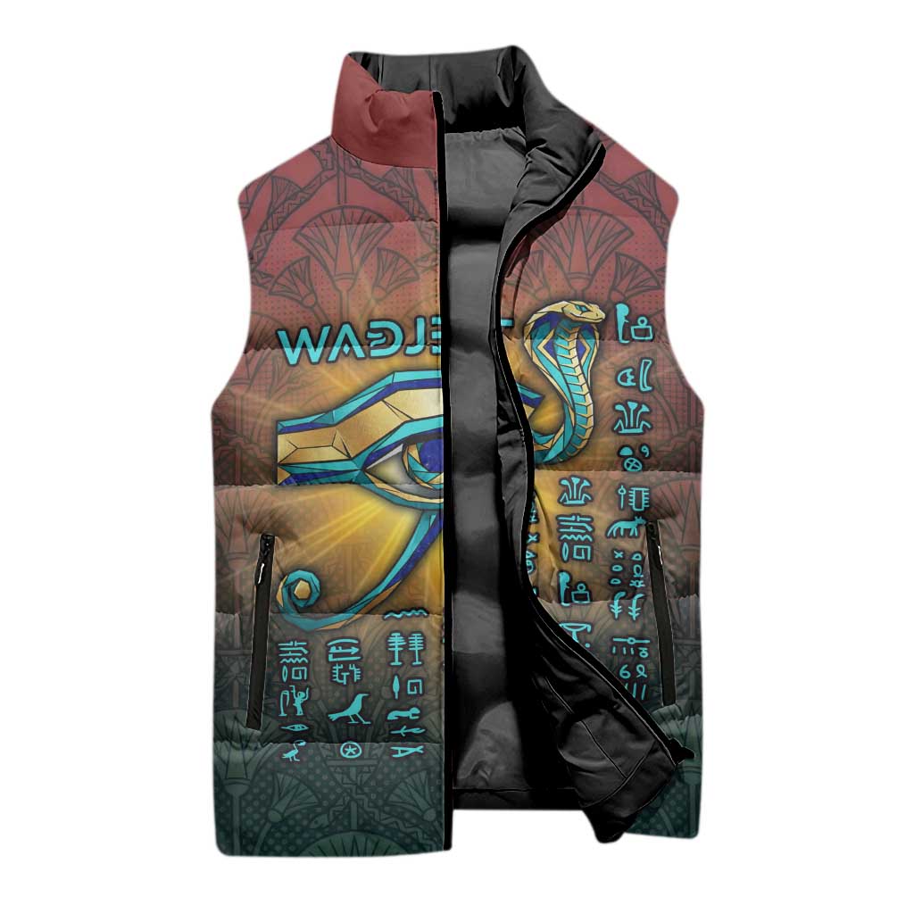 Egyptian Wadjet Winged Cobra Sleeveless Puffer Jacket with Eye of Horus in Fiery Royal Protector Theme