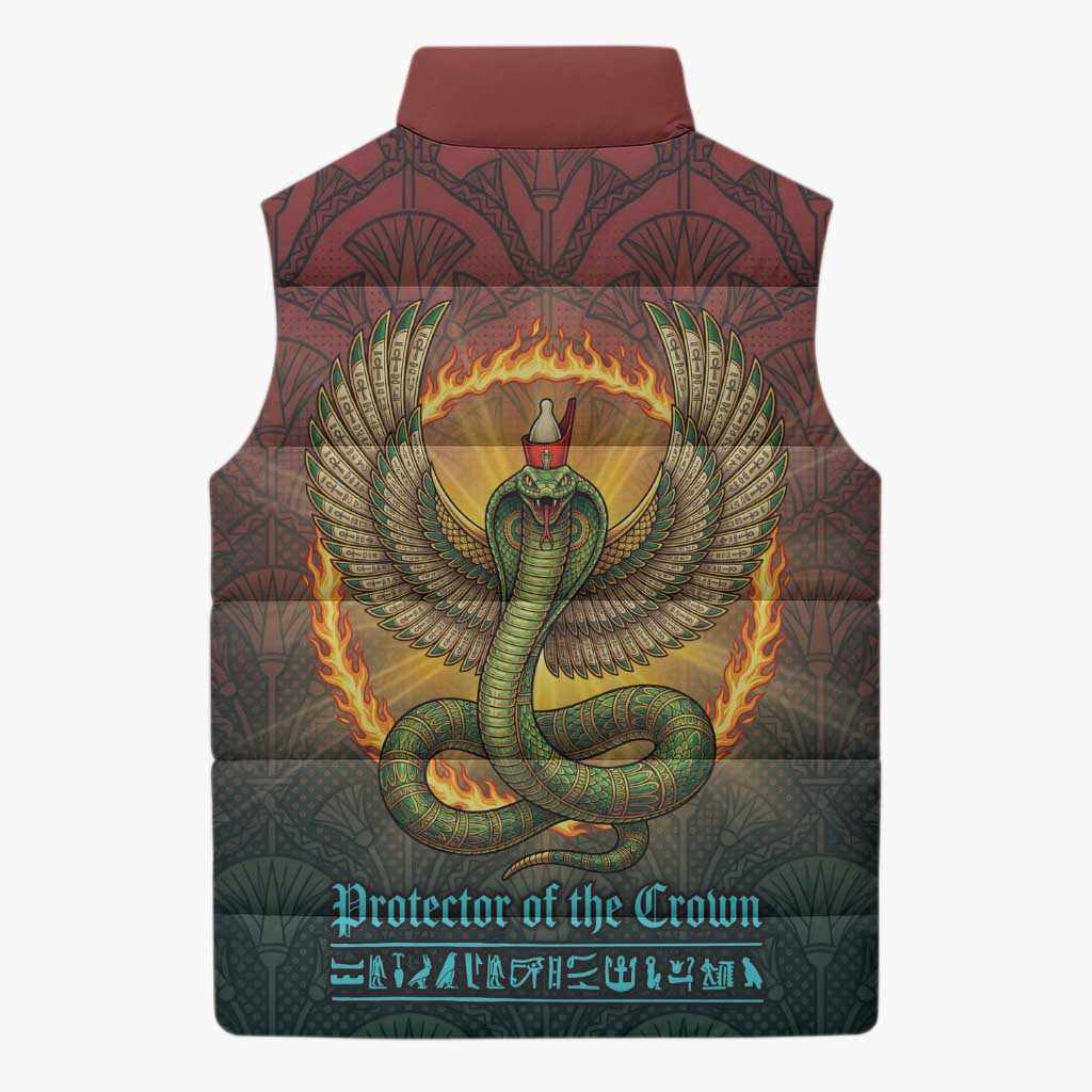 Egyptian Wadjet Winged Cobra Sleeveless Puffer Jacket with Eye of Horus in Fiery Royal Protector Theme