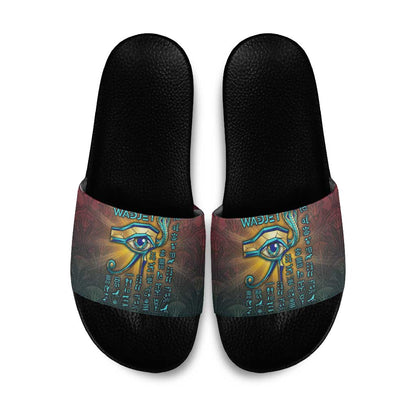 Egyptian Wadjet Winged Cobra Slide Sandals with Eye of Horus in Fiery Royal Protector Theme
