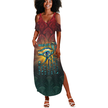 Egyptian Wadjet Winged Cobra Summer Maxi Dress with Eye of Horus in Fiery Royal Protector Theme