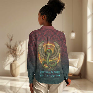 Egyptian Wadjet Winged Cobra Women Casual Shirt with Eye of Horus in Fiery Royal Protector Theme