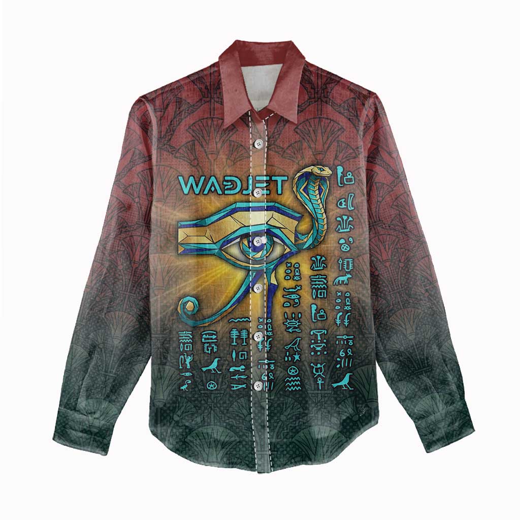 Egyptian Wadjet Winged Cobra Women Casual Shirt with Eye of Horus in Fiery Royal Protector Theme
