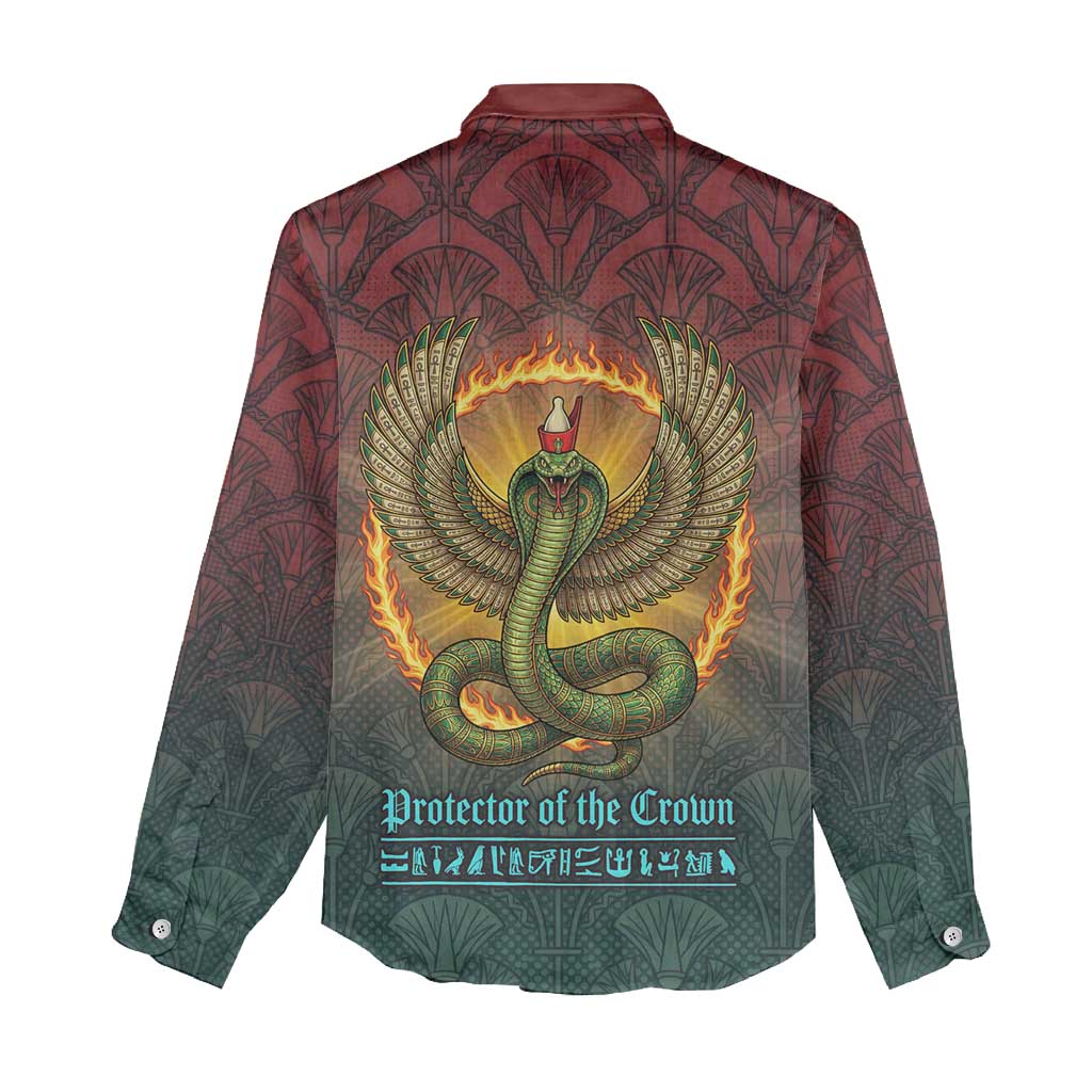 Egyptian Wadjet Winged Cobra Women Casual Shirt with Eye of Horus in Fiery Royal Protector Theme