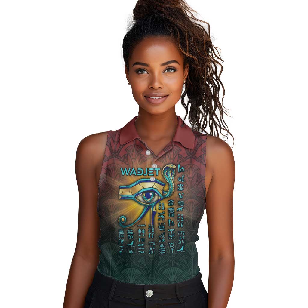 Egyptian Wadjet Winged Cobra Women Sleeveless Polo Shirt with Eye of Horus in Fiery Royal Protector Theme