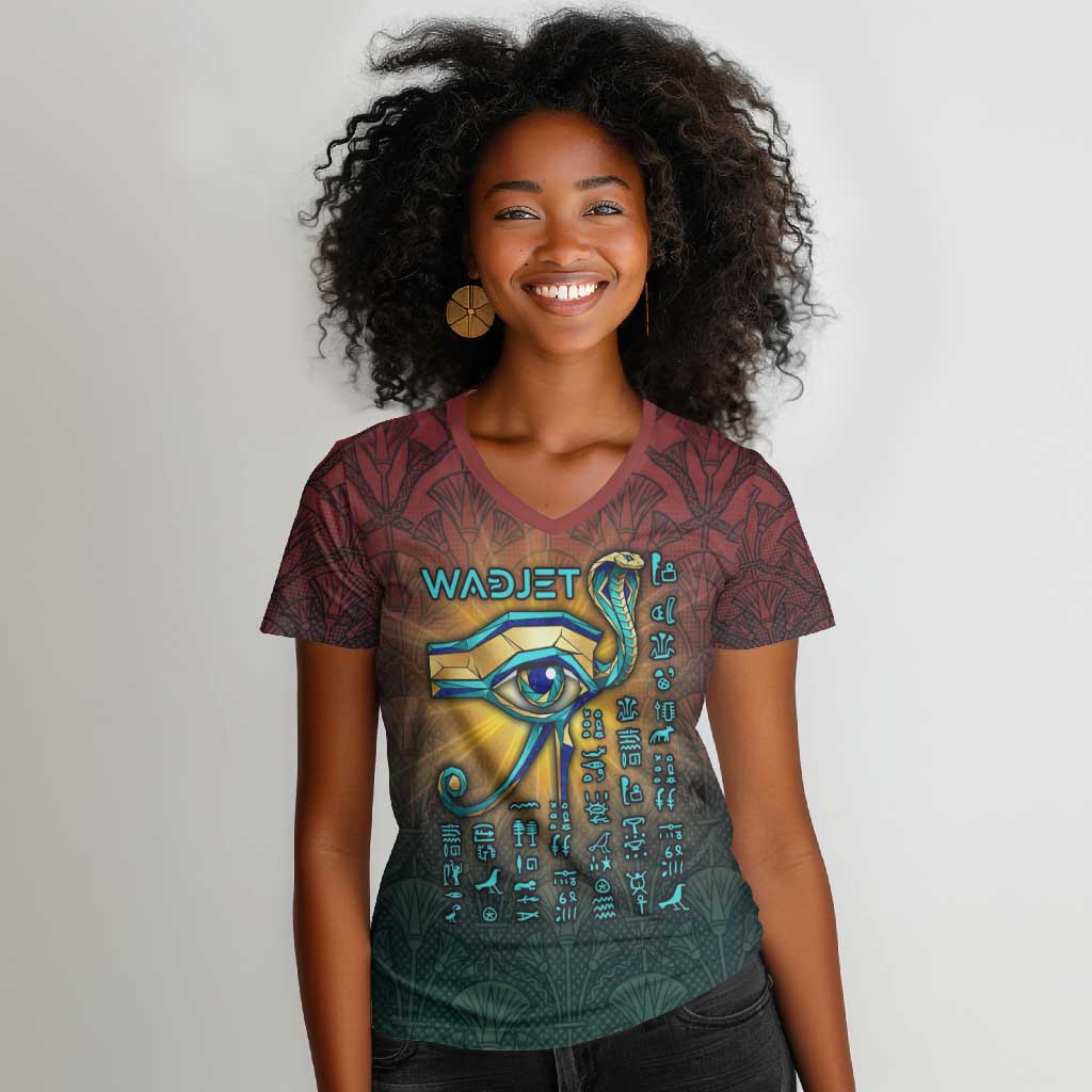 Egyptian Wadjet Winged Cobra Women V-Neck T-Shirt with Eye of Horus in Fiery Royal Protector Theme