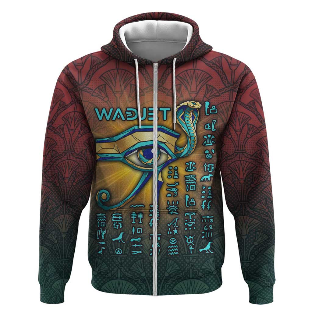 Egyptian Wadjet Winged Cobra Zip Hoodie with Eye of Horus in Fiery Royal Protector Theme