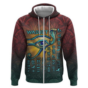 Egyptian Wadjet Winged Cobra Zip Hoodie with Eye of Horus in Fiery Royal Protector Theme