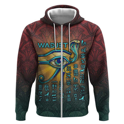 Egyptian Wadjet Winged Cobra Zip Hoodie with Eye of Horus in Fiery Royal Protector Theme